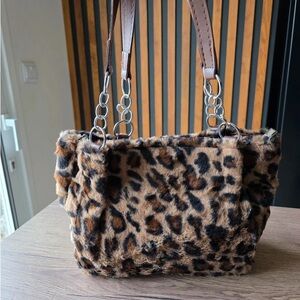 Leopard Print Faux Fur Shoulder Bag with Chain Accents